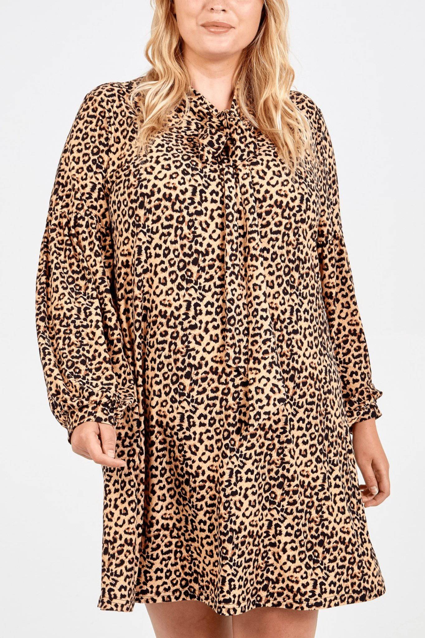 Curve Pussy Bow Leopard Print Swing Dress - Jezabel Boutique
