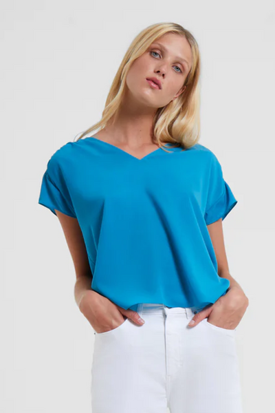 French Connection Blue Crepe V-Neck Top