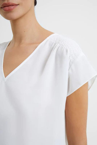 French Connection Crepe Light Smocked Shoulder V-Neck Top - White | Jezabel Boutique