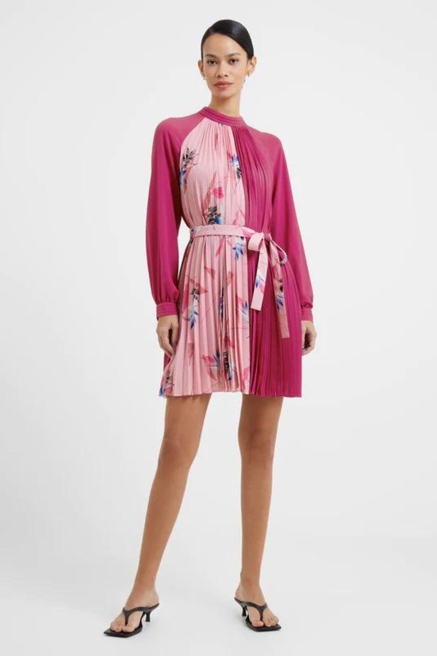 French Connection Eugine Crepe Pleated High Neck Mini Dress