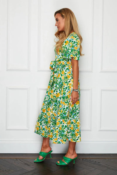 Girl In Mind Gianna Yellow Floral Angel Sleeve Tiered Midi Dress - Jezabel Boutique