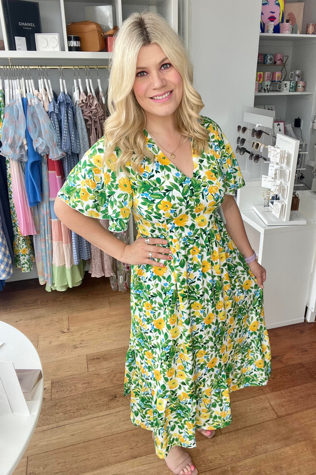 Girl In Mind Gianna Yellow Floral Angel Sleeve Tiered Midi Dress - Jezabel Boutique