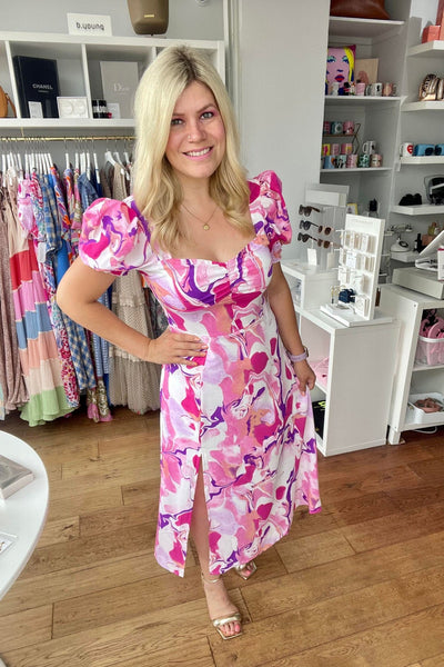 Girl In Mind Lillian Pink Abstract Print Sweetheart Midi Dress - Jezabel Boutique