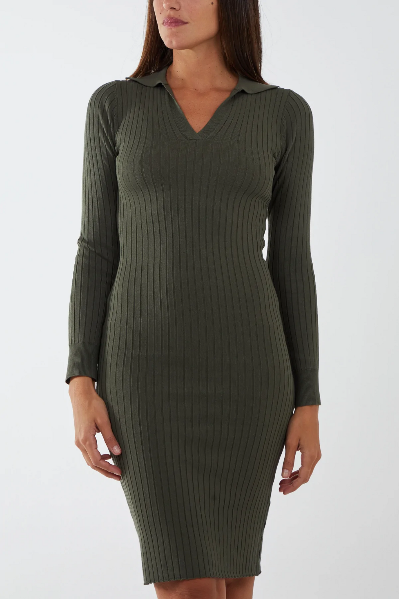 V-neck Knitted Khaki Midi Dress | Jezabel Boutique